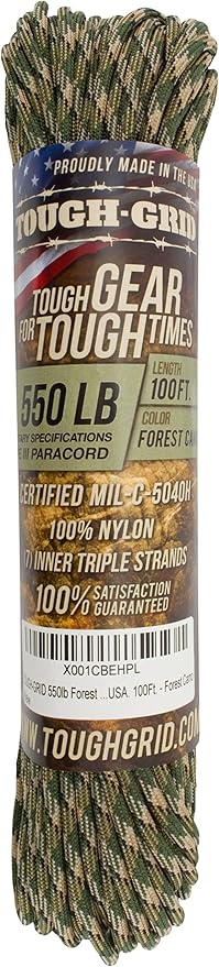 TOUGH-GRID 550 Paracord Rope Nylon Parachute Cord, Made in USA Survival Kit, Outdoor Adventures, Camping, Tactical Gear & Emergency Supplies, Military Type III Mil-Spec