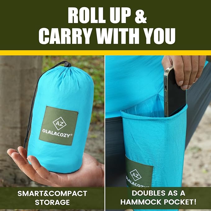 Camping Hammock,Camping Essentials,Lightweight Portable Double & Single Hammock with Tree Straps, Camping Gear for Outside Hiking Camping Beach Backpack Travel, Blue & Light Black, Large