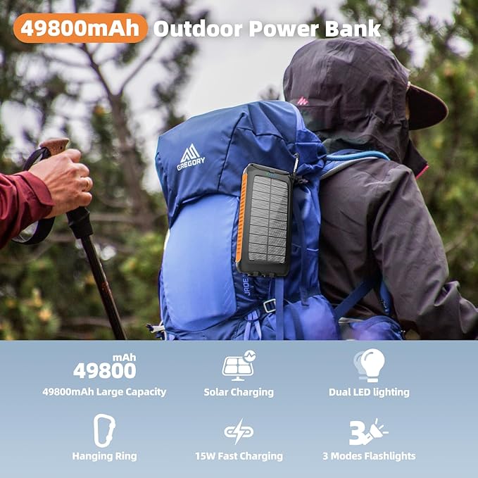 Solar Charger Power Bank 49800mAh - Portable Fast Charging Power Bank with Type-C & Dual USB Ports, Compatible with iPhone, Samsung & More, Waterproof Solar Panel for Camping, Hiking, and Outdoor Use