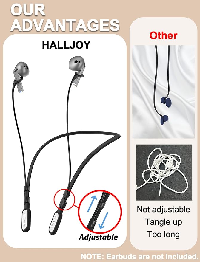 HALLJOY for Galaxy Buds 4/4 Pro/Buds 3/3 Pro Strap Neckband, Anti-Lost Accessories, Support Volume Control, Ergonomic Design, Fit Airpods Pro 3/2/1, Airpods 4, 3, 2, 1, Black Band/White Tip