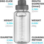 Fanhaw 32 oz Clear Water Bottle with Fast-Flow Spout Lid, BPA-Free Tritan, Wide Mouth, Leakproof, Reusable Bottle for Gym, School, Office, Travel (Gray)