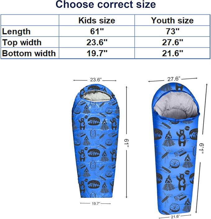 KidzAdventure Mummy Style 32 – 59F Kids Sleeping Bag with Pillow Sleeve, 4 Season, Lightweight and Backpacking Style, Ideal for Camping, Sleepover, Boys, Girls, Youth and Toddlers