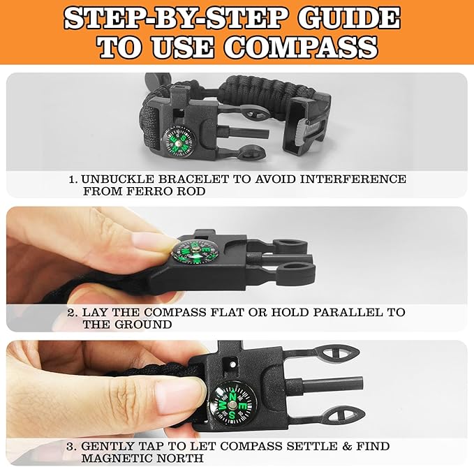 Paracord Survival Bracelet (3 Pack) - Adjustable with Fire Starter, Whistle, Compass - Survival Gear for Hiking, Camping, Fishing