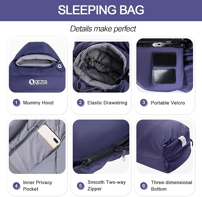 Down Sleeping Bag for Adults 0°F 10°F 15°F 20°F Backpacking Sleeping Bag for Cold Weather with Compression Sack