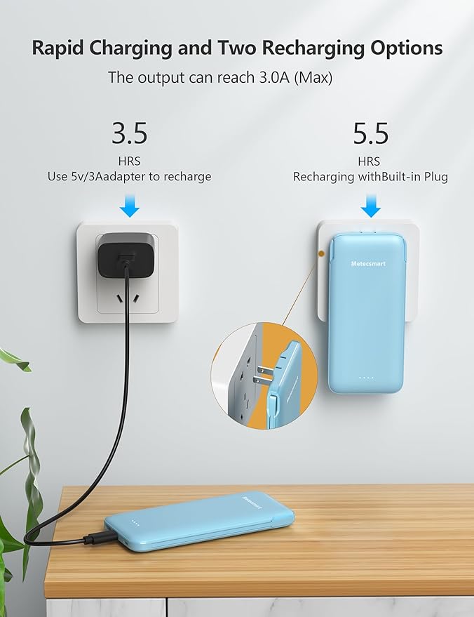 Portable Charger Power Bank with Built-in Cable & AC Plug, 10000mAh Fast USB-C Charger, Slim Mini Battery for iPhone 16/15/14/13/Pro/Max & All USB-C Devices