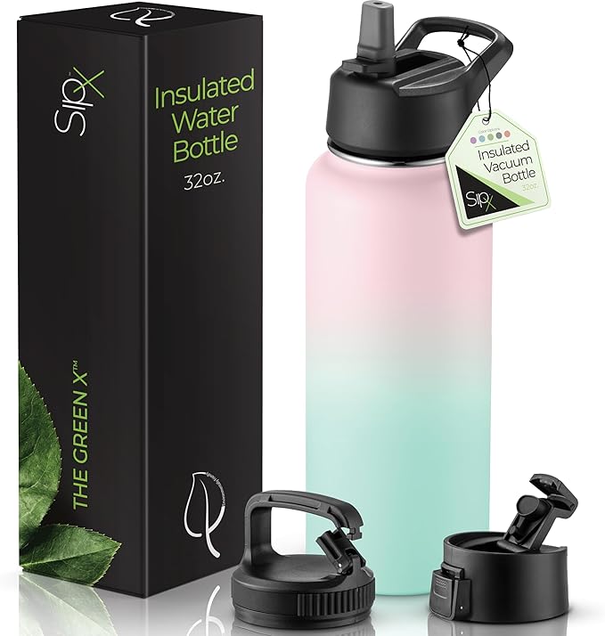 SipX™ Triple-Insulated Stainless Steel Water Bottle 32oz. With 3 Lids, BPA-Free Reusable Insulated Water Bottle Keeps Cold 24 Hours, (Gradiant Mint Pink)