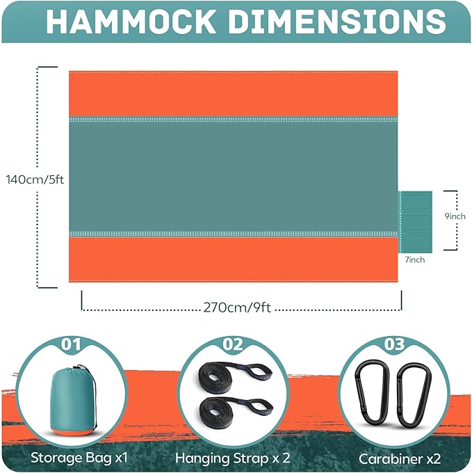 Camping Hammock Lightweight, Portable Hammocks Parachute Hammock with Two Tree Straps, Single or Double Travel Swing Nylon Camp Hammocks, Outdoor Essentials for Beach Backpacking Hiking, Orange