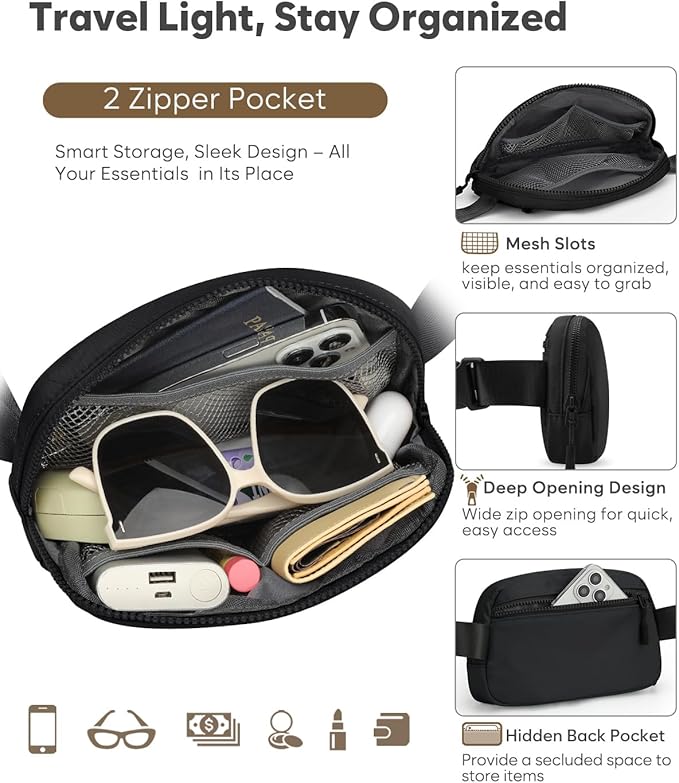 Pritent Fanny Packs for Women Cross Body Bag Waterproof Belt Bag with Adjustable Strap and Zipper Back Pocket Small Crossbody Bags Fashion Waist Packs for Workout Travelling(Black)