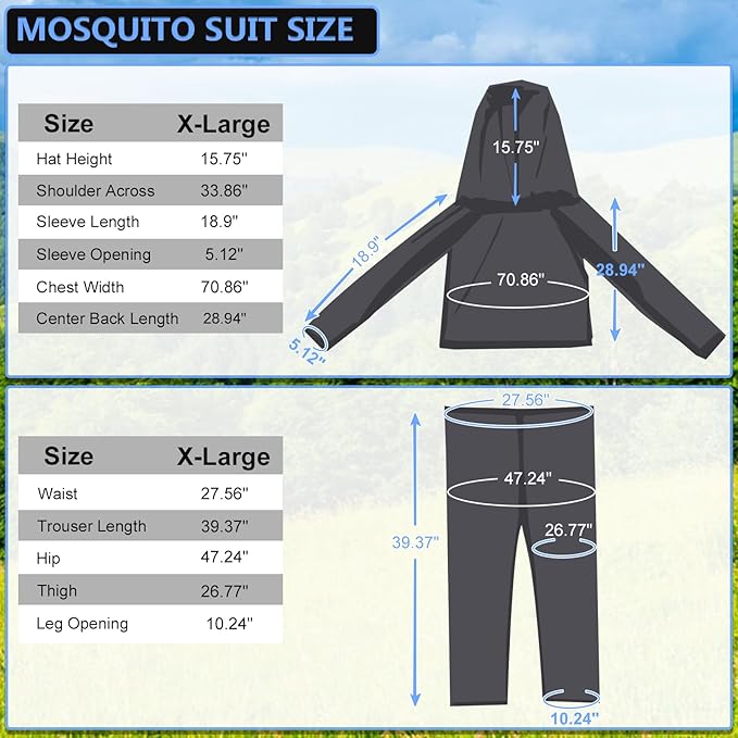 Mosquito Suit - Net Pants & Jacket with Hood - Mesh Bug Suit for Outdoor Protection from Flies, Gnats, No-See-Ums & Midges - Mosquito Clothing for Men & Women with Carrybag, XL Size