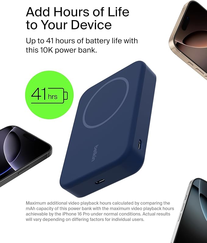 Belkin Portable Charger, Wireless Power Bank 15W 10000 mAh w/ Qi2, MagSafe Charger + Built-in Pop-up Kickstand - iPhone 17, Air, Pro, Pro Max, AirPods, Apple Watch, Google Pixel 10, etc. - Blue