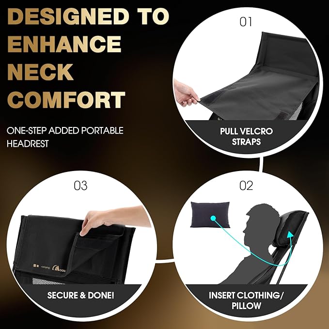 MOON LENCE High Back Camping Chair with Pillow - 330lbs Capacity Folding Portable, Wide Seat & Ergonomic Support for Backpacking Hiking Picnics (Black)