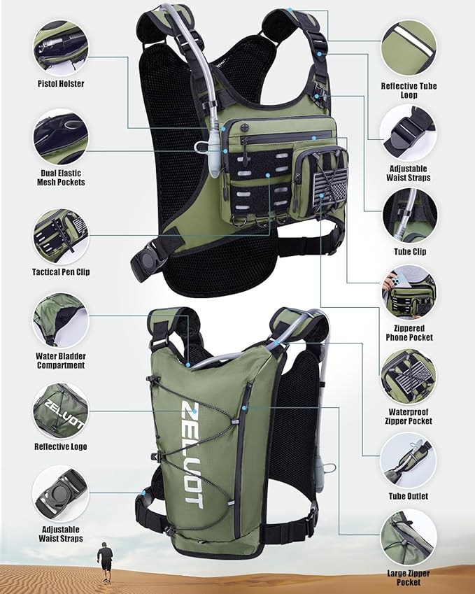 Running Vest with 2L Water Bladder, USA Original Patent, Lightweight Adjustable Chest Pack with Gear Holder, Reflective Running Hydration Vest for Women Men for Marathon