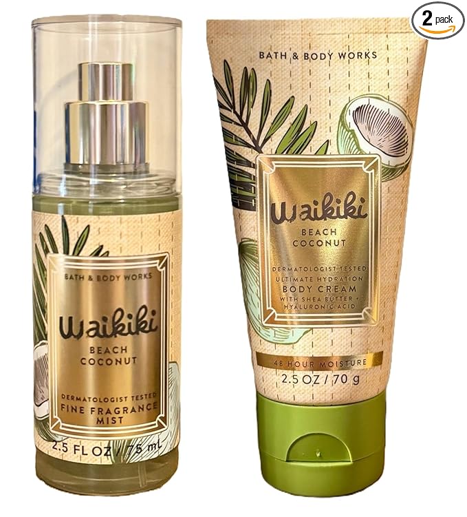 Bath & Body Works TRAVEL SIZE Mist and Cream Set - 5 oz each set (Waikiki Beach Coconut)