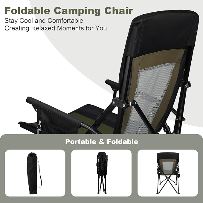 Camping Chair Portable Folding Lawn Chair Comfortable Hard Arm Sturdy for Family Camp, Outdoor, Sports, Beach, Travel, Support 400 lbs, Black&Green