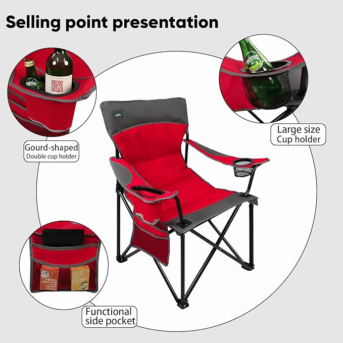 Northroad Foldable Camping Chair Heavy-Duty Outdoor Folding Chair Support Up to 300lbs for Hiking, Picnics, Patio, Beach, Fishing (Red)