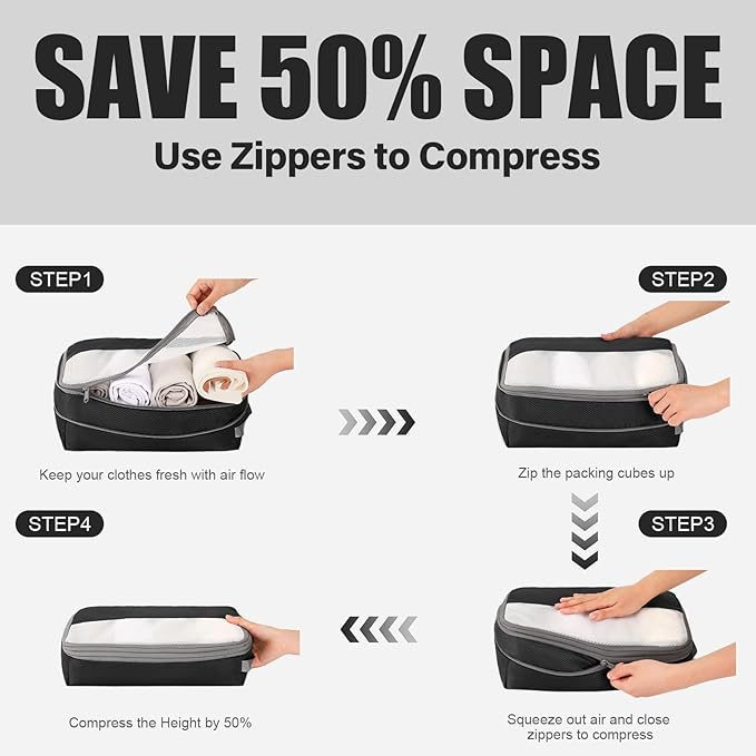 6 Set Compression Packing Cubes for Travel, Lightweight and Space-Saving Luggage Organizer Bags, Sturdy Travel Essentials for Suitcase, Black