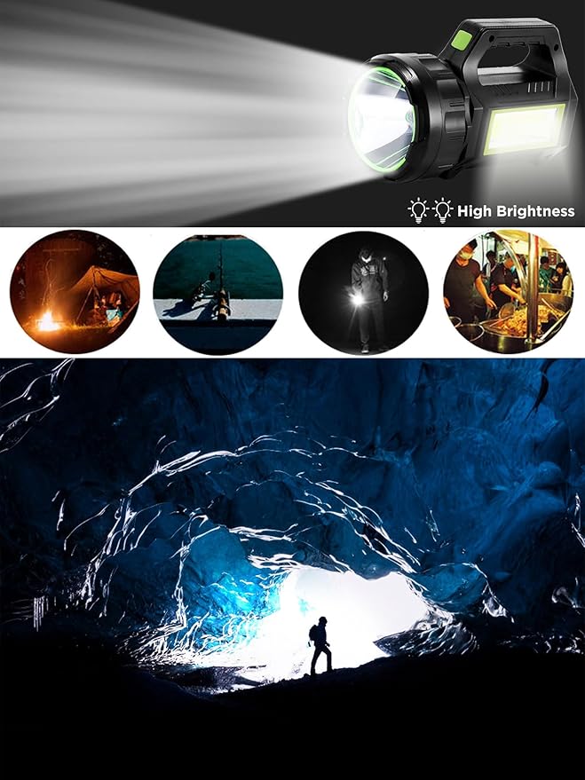 LED Searchlight LED Lantern, Solar Rechargeable Super Bright 10000LM Handheld LEDs Spotlight, Multifunctional Camping Lamp Work Lights, 7 Light Modes, IPX4 Waterproof, for Emergency