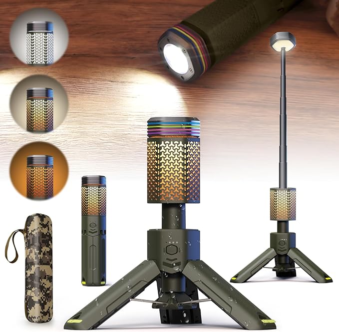 Camping-Lights-Rechargeable,Outdoor Telescopic-Collapsible-Lanterns with 2 Light Sources Mobile Lighting 10500mAh Battery Flash Light & Road Lamp for Adventure/Hiking/Camping(Military Green)