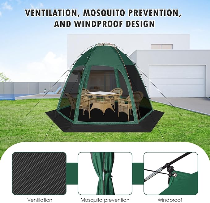 Screen Tent with Removable Floor, Siebwin 10'x10' Six-Sided Gazebos with Mosquito Netting Sunproof Outdoor Canopy Tent for 4-6 People Family Backyard Party Outside Activities, Green