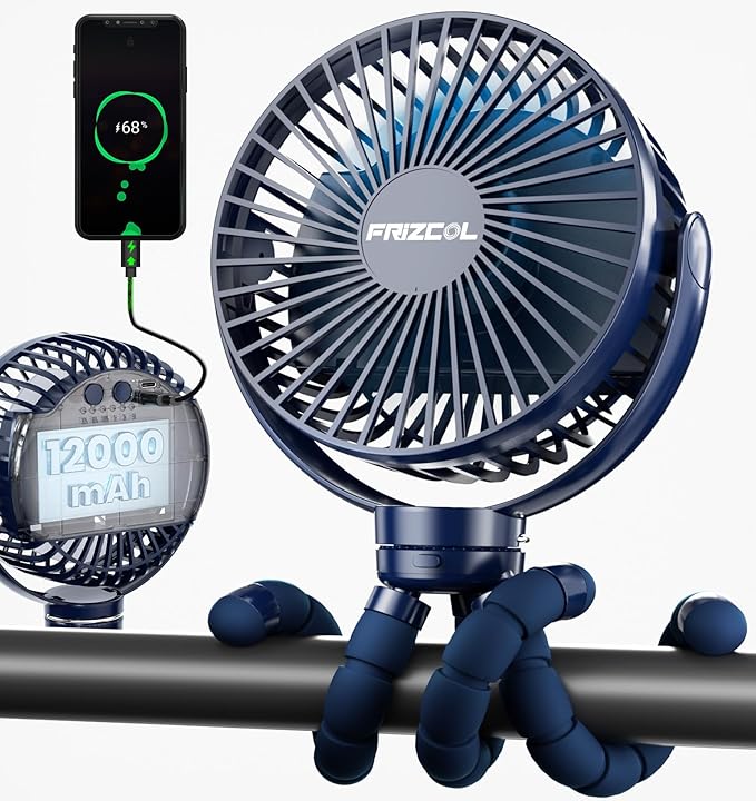 FRIZCOL 12000mAh Portable Stroller Fan, Use As Power Bank, 65H Battery Operated Fan Flexible Tripod Clip On Fans, Detachable Personal Handheld Baby Fans for Stroller, Car seat, Desk, Treadmill (Blue)