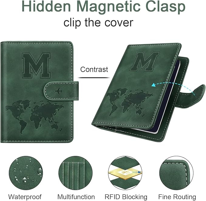 Personalized M Passport Holder Cover Initial Letter Travel Wallet RFID Blocking Passport Cover Credit Card Holder Case Passport Book Holders for Women and Men, Pine Green-M