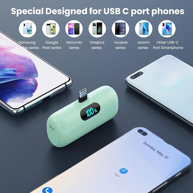 Mini Portable Charger 5000mAh Power Bank,15W PD USB C Cell Phone Portable Power, LCD Display Battery Pack Compatible With iPhone 15/15 Plus/15 Pro/15 Pro Max/Android/Samsung/Moto/LG (Type-C Only)