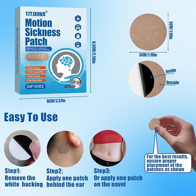 Motion Sickness Patches, 36 Count - Fast Acting & 72 Hours Long Lasting Sea Sickness Relief for Cruise, Airplanes, Cars, Bus, Train - Non-Drowsy Travel Sickness Patch for Dizziness Relief