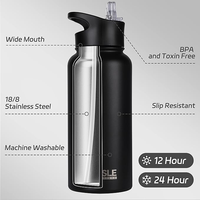HASLE OUTFITTERS 32 oz Insulated Water Bottle Stainless Steel Double Walled Vacuum Sports Water Bottle with 2 Lids (Straw and Spout Lid) for Gym Camping Hiking(Black,8)