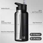 HASLE OUTFITTERS 32 oz Insulated Water Bottle Stainless Steel Double Walled Vacuum Sports Water Bottle with 2 Lids (Straw and Spout Lid) for Gym Camping Hiking(Black,8)