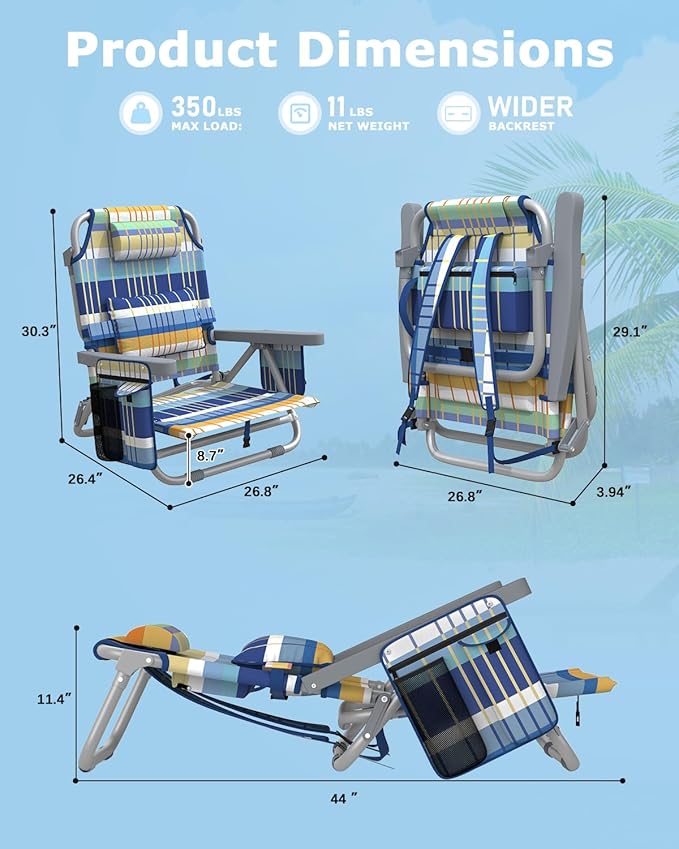 ZENPETIO Beach Chair, Camping Chair for Adults, Reclining Backpack Chair for Pool, Beach, Camping, Outdoors