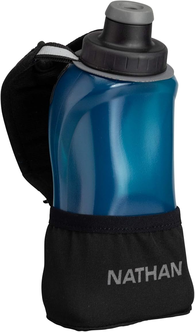 Nathan Running Handheld Water Bottle Adjustable No-Grip Quick Squeeze Lite Hand Strap. 12 oz Insulated Water Bottle. Reflective Hydration