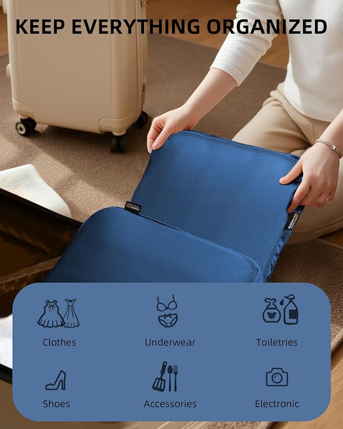 6 Set Compression Packing Cubes for Travel, Large Medium Small Luggage Organizers (Dark Blue)