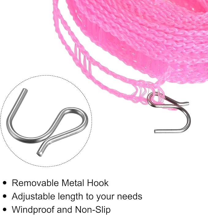 uxcell Portable Clothesline, 32.8ft Nylon Windproof Non-Slip Washing Line Rope for Courtyard Outdoor Travel Camping Laundry Drying, Pink