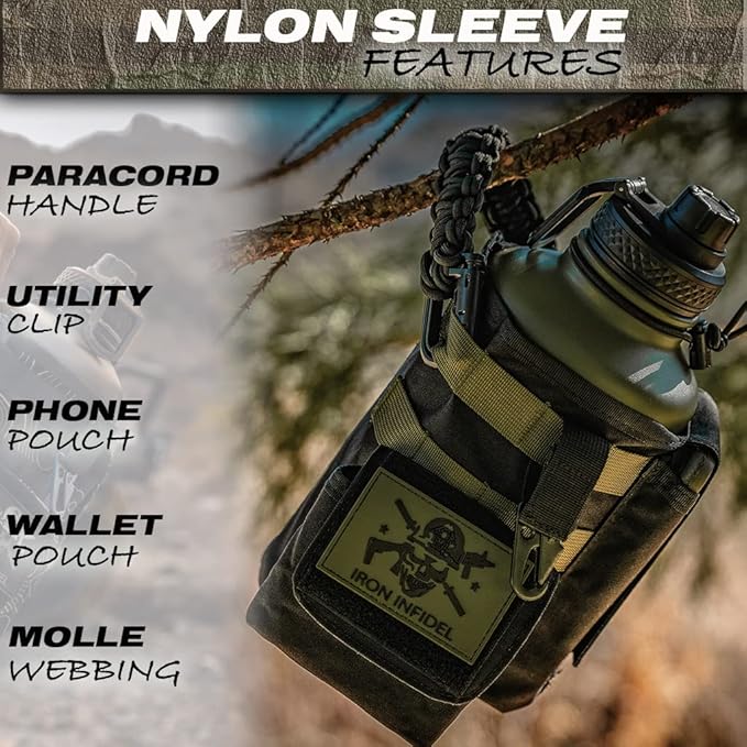 Iron Infidel Battle Bottle - Half Gallon Insulated Water Bottle with Paracord Handle, Large 64 oz Stainless Steel Water Jug with Rugged, Removable Sleeve for Keys, Wallet & Phone (Widowmaker 2L)