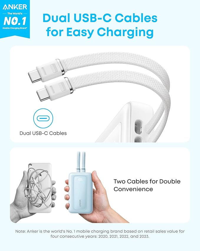 Anker Zolo Power Bank, 45W Max Fast Charging, 20,000mAh Battery Pack with Dual Built-in USB-C Cables, 1 USB-C&A Port, for iPhone 17/16 Series, Samsung, MacBook, iPad, and More