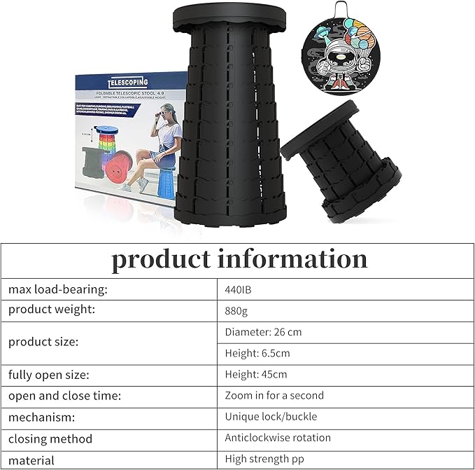 ALEVMOOM Upgraded Portable Collapsible Folding Stool with Cushion Retractable Telescoping Stool for Adults Sturdy Capacity 440lbs Camping Chair for Outdoor Hiking Garden with Bag