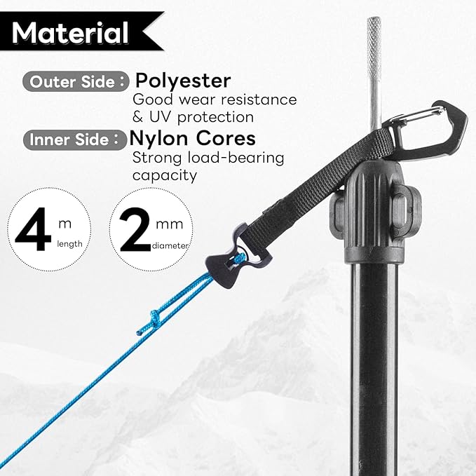 4 Pack Guy Lines-Ultralight Tent Cords with Locking Carabiner Clip, 2mm 100% Nylon Guylines Ropes for Outdoor Camping Tent Tarp,Climbing,Hiking Backpacking (Grey, 4M)