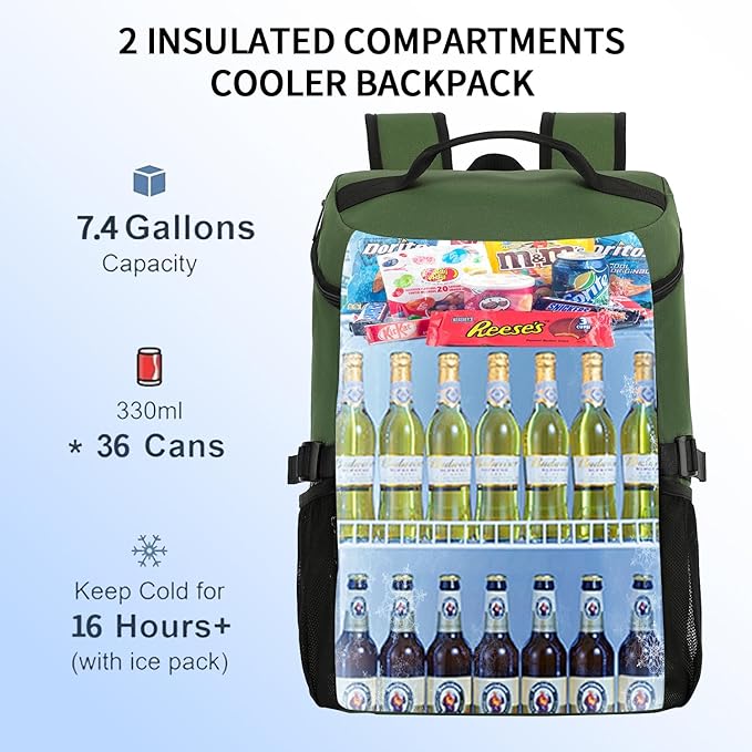 Kalesi Cooler Backpack 36 Cans Lightweight Insulated Backpack Cooler Leak-Proof Travel Camping Lunch Backpack Outdoor Cutlery Backpack for Men and Women