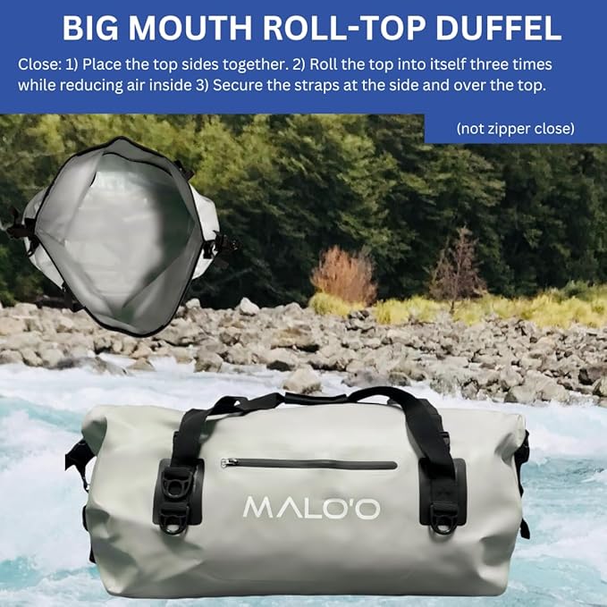 Malo’o Waterproof Dry Duffel, Heavy-Duty Roll Top Waterproof Gear Bag with Shoulder Strap & Molle Loops, Marine Duffel for Kayaking, Boating, Camping, Beach & Travel, Grey, 40L