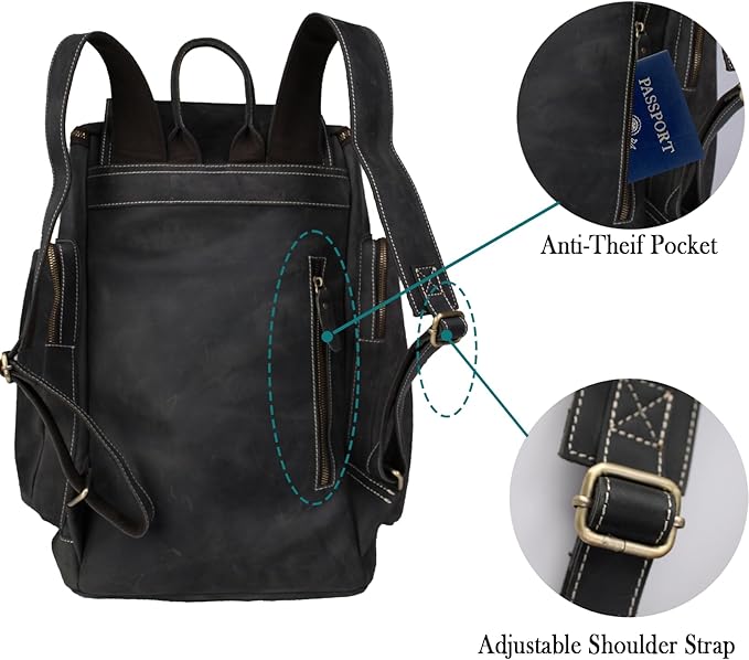 Genuine Crazy Horse Leather Backpack - Vintage Bag with Anti-Theft Design, Fits 16 Inch Laptop(5098-Gray)