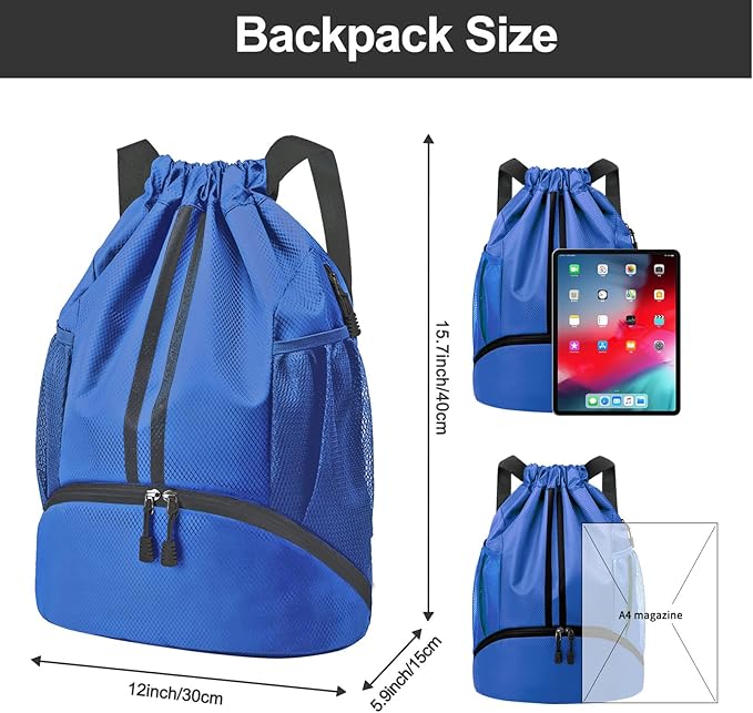Hoedia Sports Drawstring Backpack - String Swim Gym Bag with Shoes Compartment and Wet Proof Pocket for Women and Men, Blue