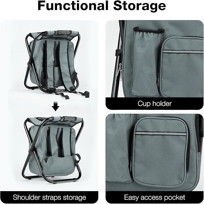 Folding Camping with Cooler Heavy Duty 350lbs for Adults, Portable Backpack Cooler Chair for Hunting, Gray
