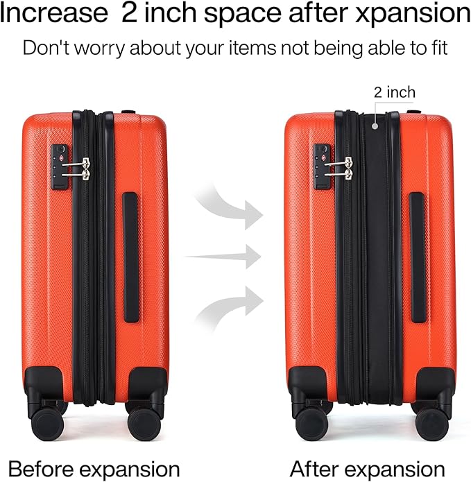 Hanke 20 Inch Expandable Carry on Luggage 22x14x9 Airline Approved Lightweight PC Hard Shell Suitcases with Wheels Tsa Luggage Rolling Suitcase Travel Luggage Bag for Weekender(Orange)