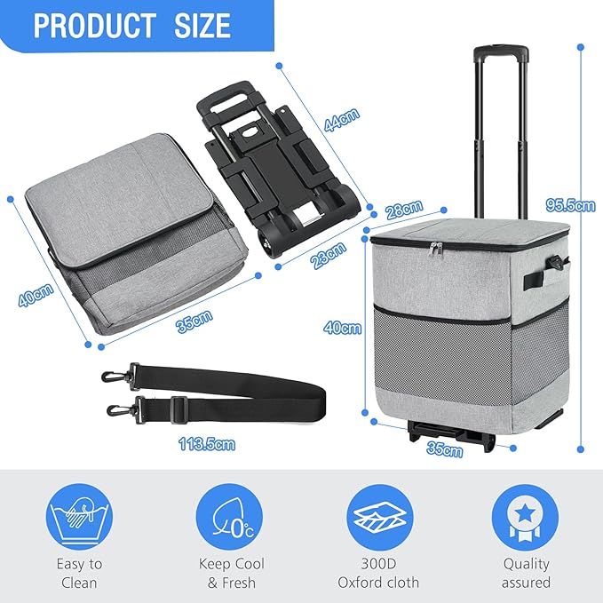 Collapsible Large Rolling Cooler 60-Can/40L,3-in-1 Insulated Soft Cooler Bag,Adjustable Wheels&Handle, Rolling Cooler Cart for Beach Camping Travel Outdoor Hot Takeout Orders