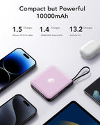 VRURC Portable Charger with Built-in Cable, 10000mAh Power Bank, 22.5W/PD20W Fast Charging USB C Battery Pack for iPhone 16 15 14 Samsung Galaxy S25 S24 S23 S22 Android Airpods, Purple(1 Pack)