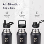 Trebo 40oz Water Bottle Insulated with Lid and Straw,Double Wall Vacuum Stainless Steel Metal Tumbler Sports Flask with Paracord Handle, Keep Hot 24 Hours & Cold 48 Hours Water Jug with 3 Lids, Black