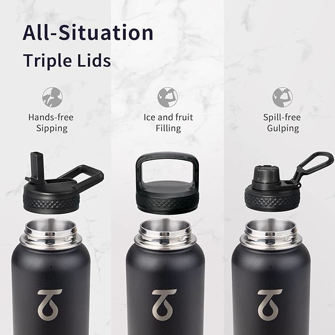 Trebo 32 oz Water Bottle Insulated with Lid and Straw,Double Wall Vacuum Stainless Steel Metal Tumbler Sports Flask with Paracord Handle, Keep Hot 24 Hours & Cold 48 Hours Water Cup with 3 Lids, Black