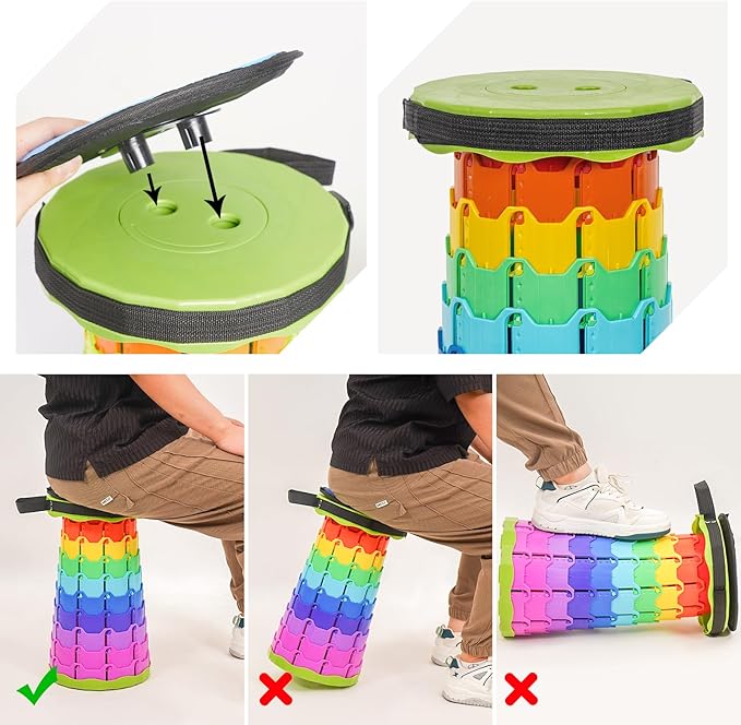 2 Pack Upgraded Collapsible Stool Folding Stool with Cushion,Retractable Folding Stool Max Load Capacity 400lbs, Portable Telescoping Stools for Camping Hiking Outdoor BBQ -Rainbow-Green