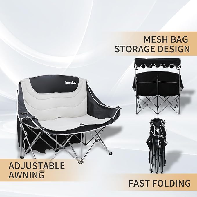 Double Camping Chair with Adjustable Shade Canopy Oversized Portable Folding Loveseat Couch, 2 Person Soft Padded Couch Back Storage Bag Cup Holder for Outdoor Lawn Backyard