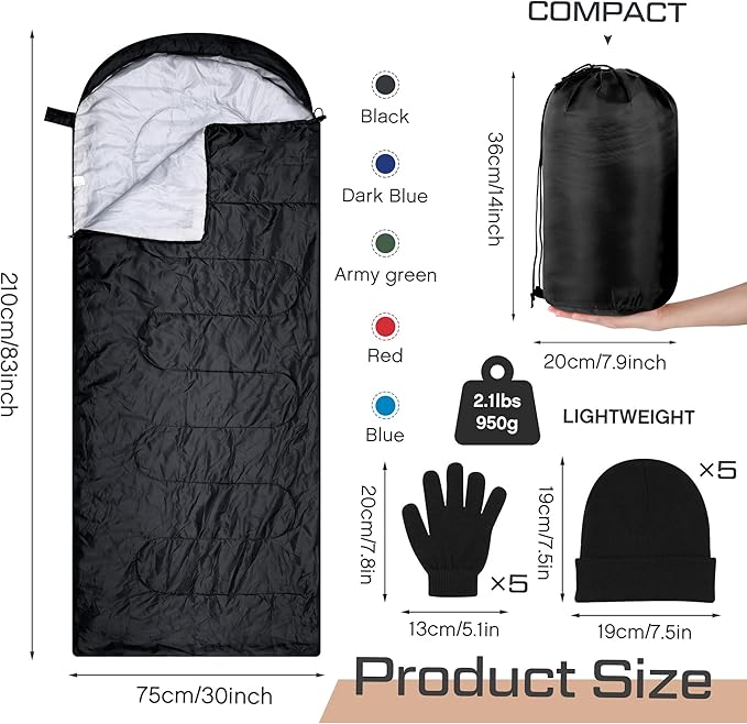 Tranqun Sleeping Bags for Adult with Winter Beanies Gloves, Cotton Liner Camping Sleeping Bag Waterproof Warm Lightweight for Backpacking Camping Indoor Outdoor Homeless People
